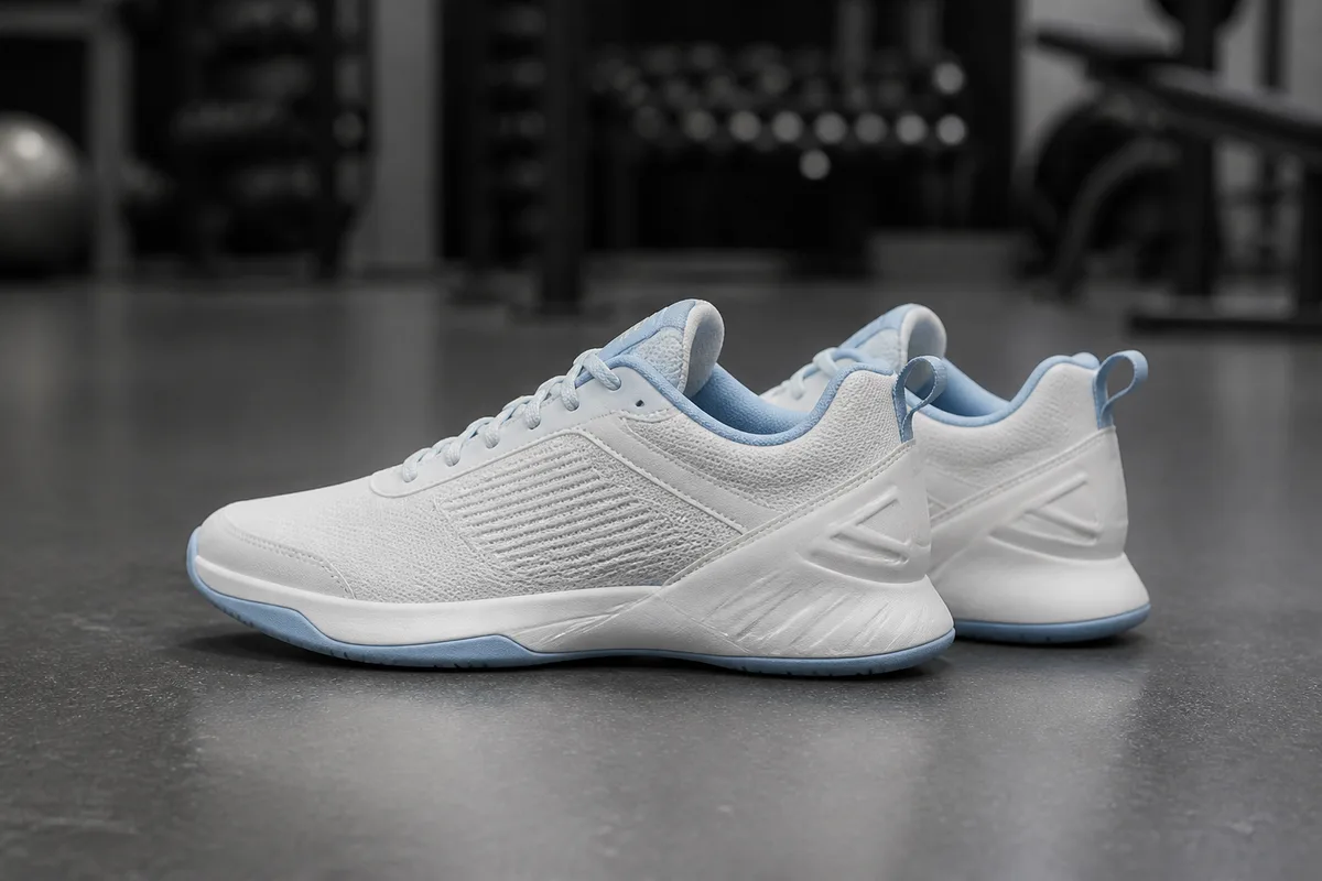 Paire de chaussures de training claires posée sur le sol lisse d&rsquo;une salle de sport