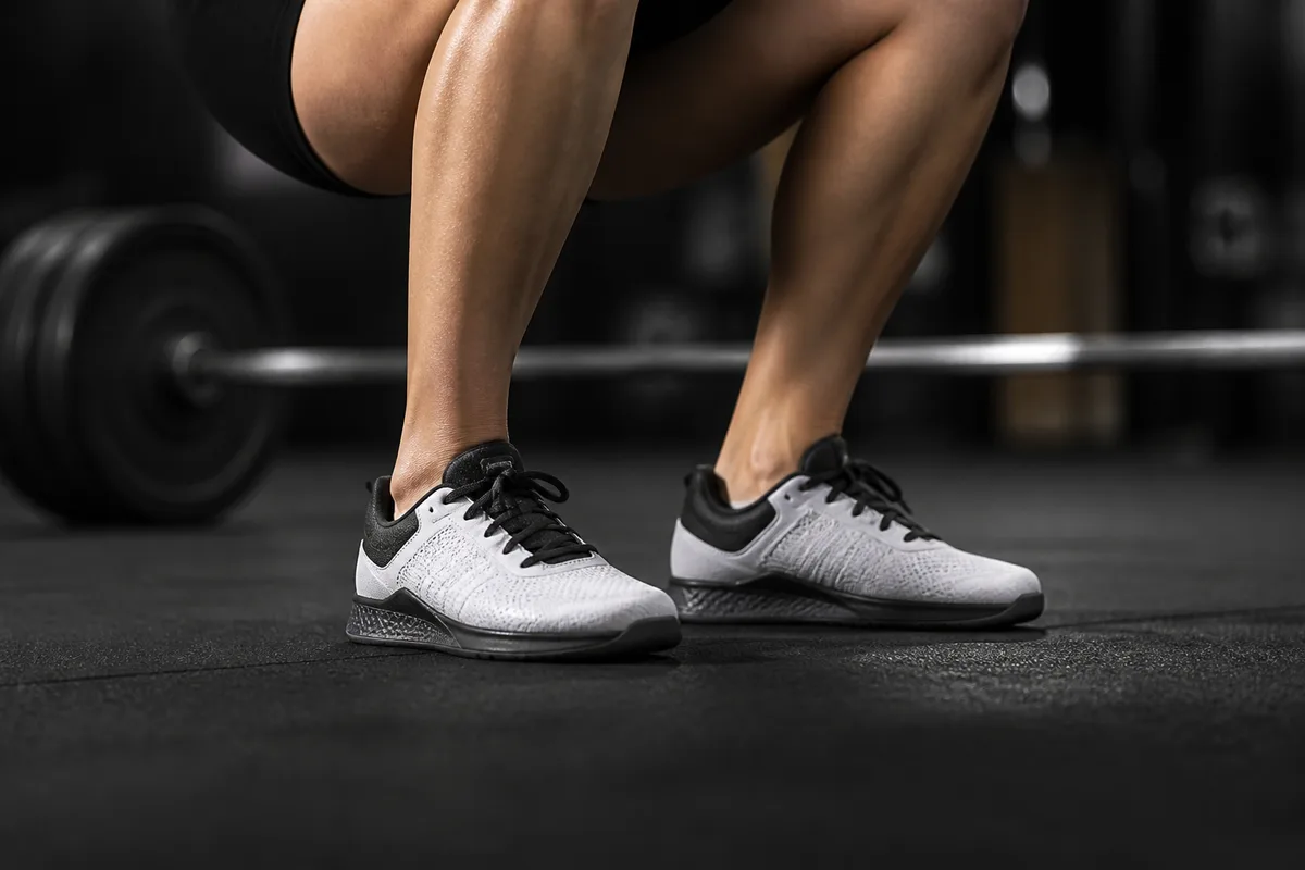 Vue basse de pieds chaussés de baskets de salle en appui stable pendant une flexion