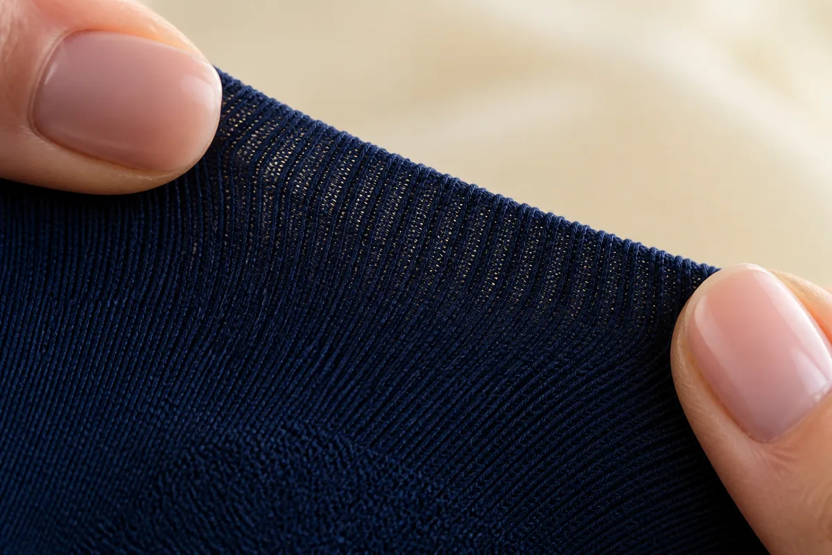 Gros plan sur une maille de tricot de compression tendue entre deux doigts, lumière rasante