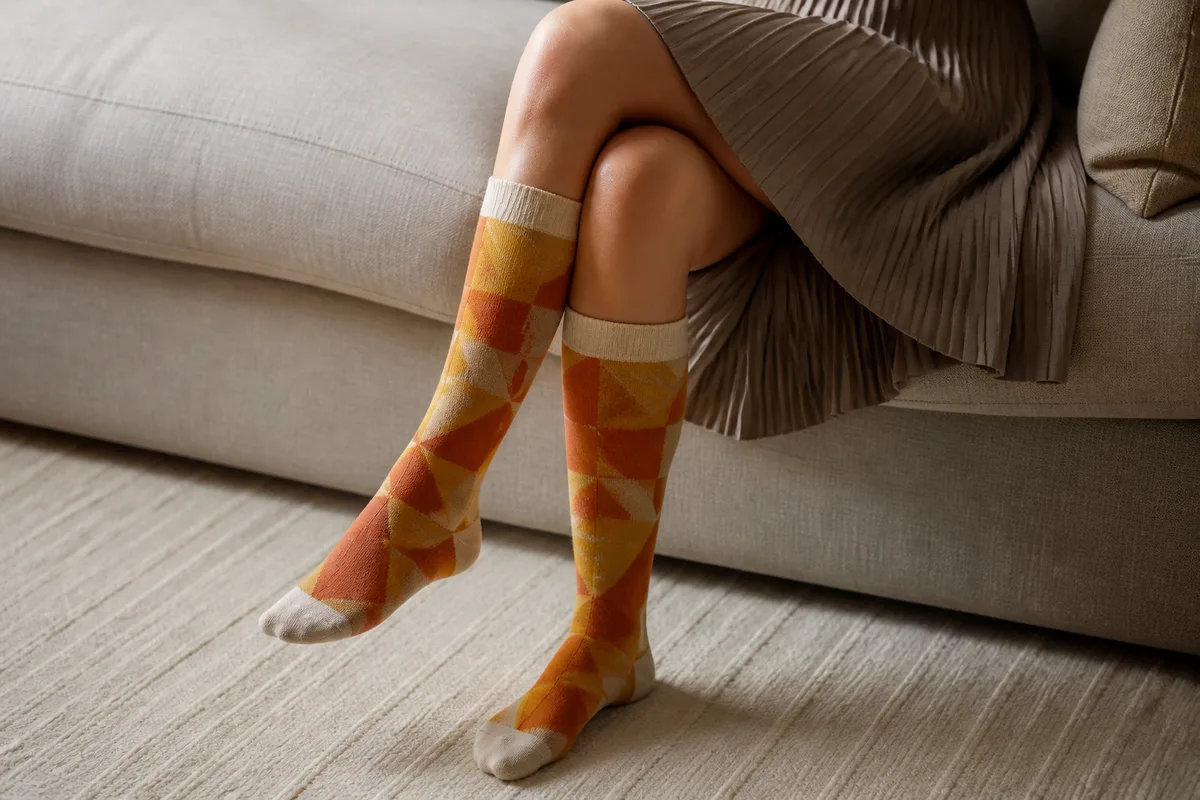 Jambes croisées en chaussettes hautes à motifs graphiques colorés sur un canapé en lin