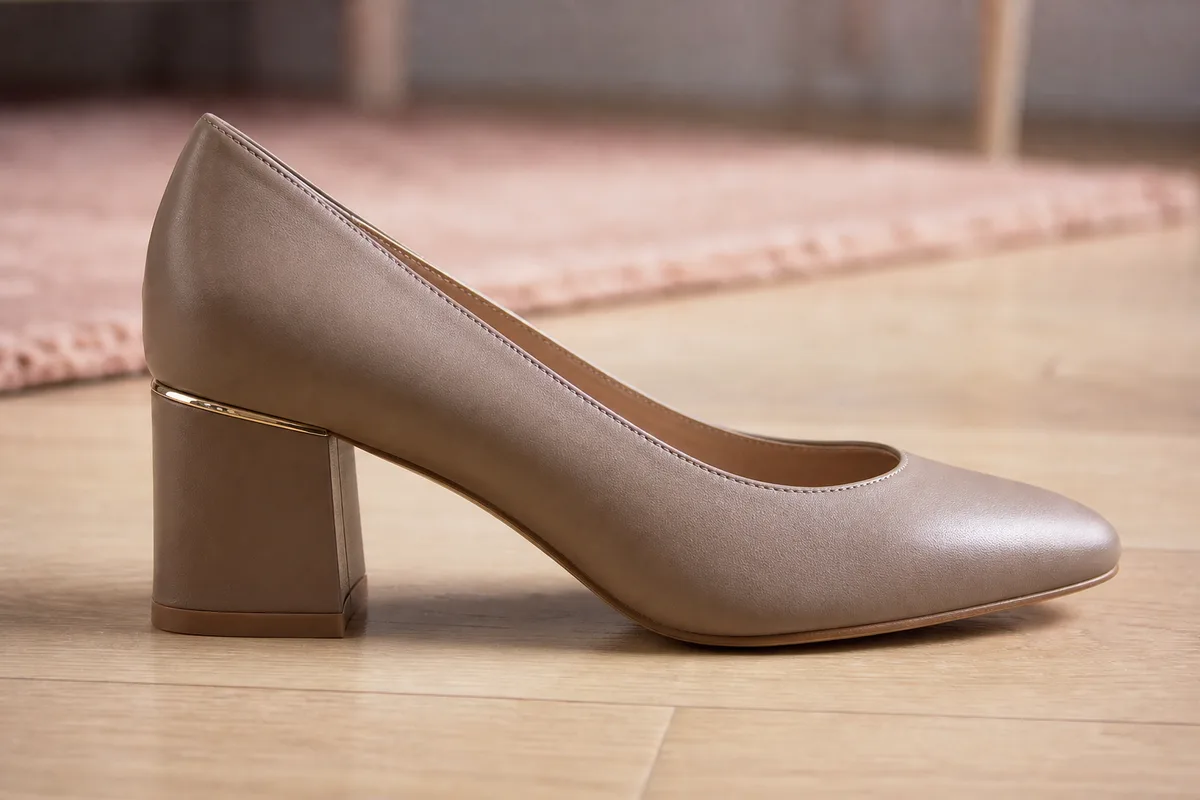 Escarpin de cuir taupe mat vu de profil, talon bloc large et bout amande