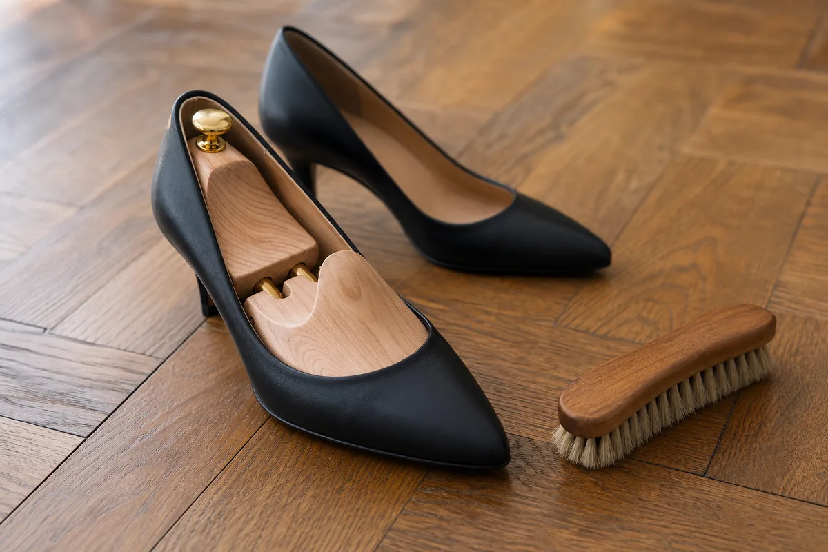 Embauchoir de cèdre glissé dans un escarpin de cuir noir mat posé sur un parquet