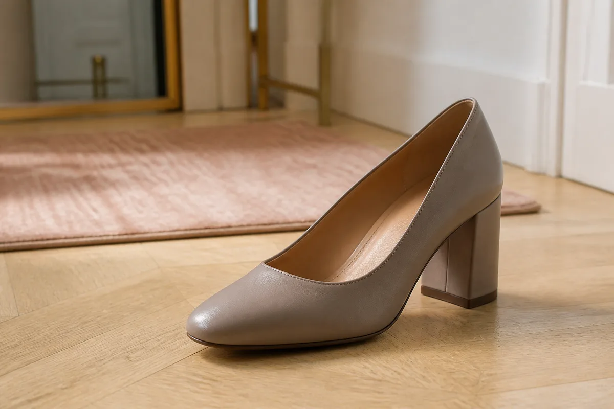 Escarpin de cuir taupe mat à talon large posé sur le parquet clair du couloir