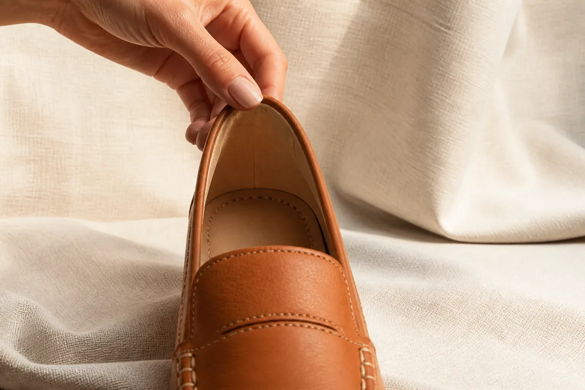 Détail de l&rsquo;intérieur d&rsquo;un mocassin femme en cuir montrant la doublure et la couture de la première