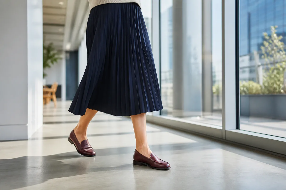 Silhouette cadrée de la taille aux pieds, jupe midi et chaussures plates habillées dans un couloir de bureau lumineux