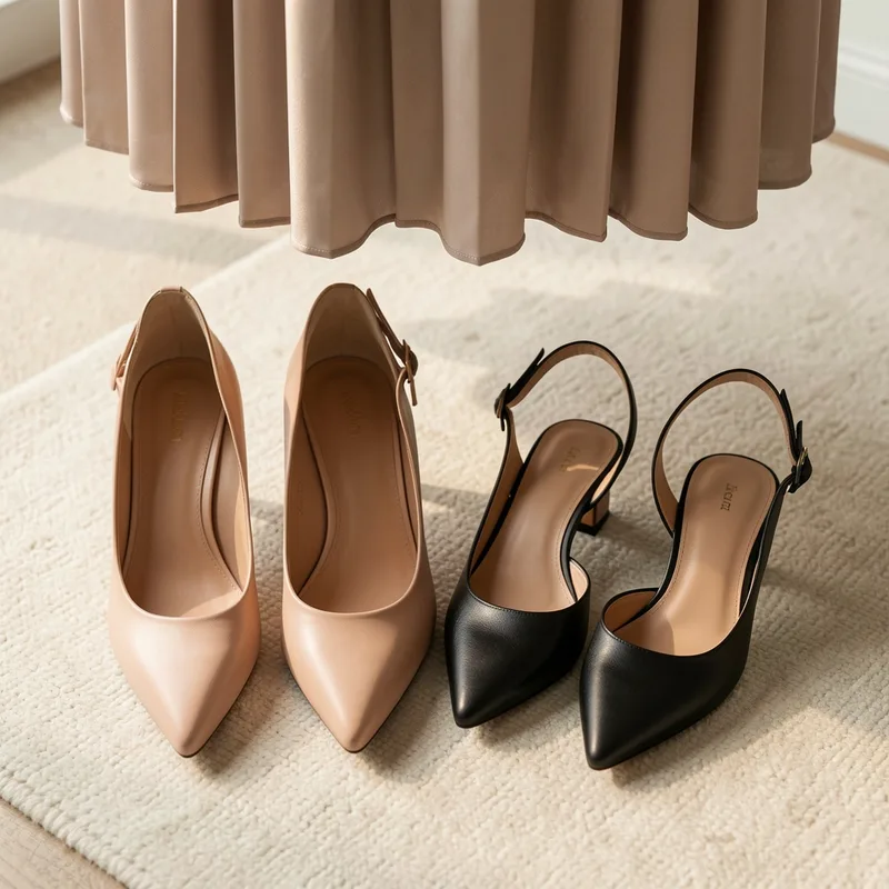 Escarpins nude et slingbacks à bride arrière posés près d’une robe midi