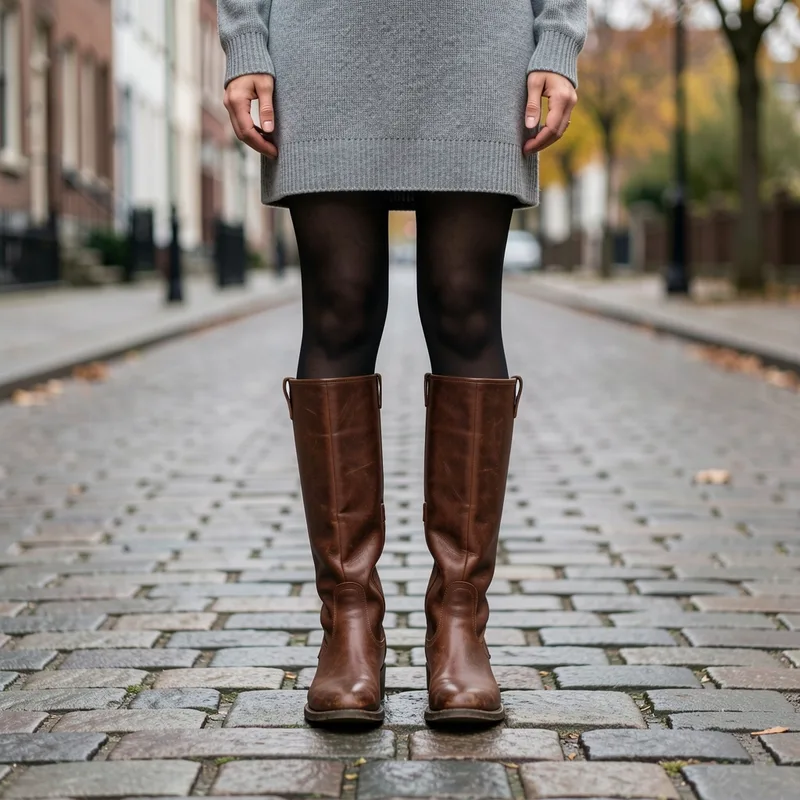 Bottes hautes en cuir souple portées avec une robe en maille courte