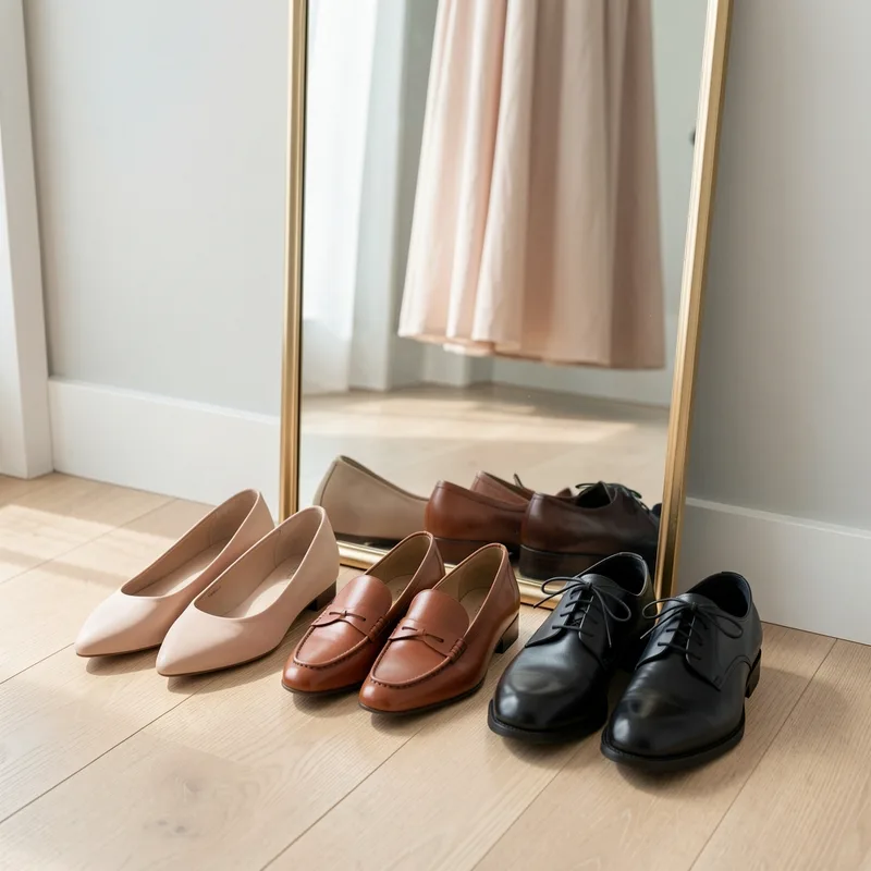 Ballerines et mocassins en cuir souple alignés devant un miroir en pied