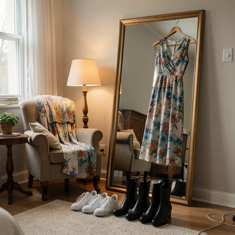 Miroir en pied reflétant une robe midi et plusieurs paires de chaussures au sol
